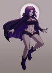 1girl abs alternate_costume amulet ankle_boots bandeau belt boots breasts cape cleavage dc_comics floating_hair forehead_jewel grey_skin halo iahfy large_breasts midriff navel purple_hair raven_(dc) short_hair short_shorts shorts solo superhero teen_titans violet_eyes 