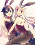  2girls :d animal_ears ass back blonde_hair blue_hair blush braid brown_hair bunny_girl bunny_tail bunnysuit esgkjj hair_ornament kantai_collection multiple_girls open_mouth rabbit_ears red_eyes ribbon shigure_(kantai_collection) smile tail yuudachi_(kantai_collection) 