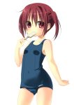  1girl absurdres brown_eyes brown_hair eating highres holding looking_at_viewer natsuka_(unagi-unagi-unagi) original popsicle school_swimsuit simple_background solo swimsuit twintails white_background 