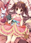  1girl aono_ribbon bed_sheet brown_eyes brown_hair dress hairband idolmaster idolmaster_cinderella_girls looking_at_viewer lying ogata_chieri parted_lips pink_dress solo stuffed_animal stuffed_bunny stuffed_cat stuffed_toy teddy_bear twintails 