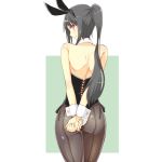  1girl animal_ears ass back black_hair bunnysuit cowboy_shot from_behind long_hair looking_at_another original pantyhose ponytail q_(a72pgc) rabbit_ears red_eyes smile wrist_cuffs 