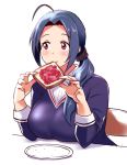  1girl ahoge blue_hair blush breast_rest breasts food_in_mouth huge_ahoge idolmaster large_breasts low_ponytail miura_azusa mouth_hold red_eyes scrunchie solo toast toast_in_mouth v-neck yokkora 