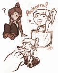  1girl ? avatar:_the_last_airbender biting blush blush_stickers chibi collage detached_sleeves finger_biting hair_tubes high_ponytail iahfy in_pocket korra legend_of_korra minigirl monochrome pigeon-toed sketch solo 