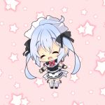  1girl ^_^ bow chibi closed_eyes hair_bow hair_ribbon long_hair looking_at_viewer maid maid_headdress matoi_(pso2) milkpanda open_mouth phantasy_star phantasy_star_online_2 ribbon silver_hair smile solo thigh-highs twintails 