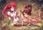  2girls arm_support ass barefoot beancurd breasts brown_eyes brown_hair cleavage dark_skin flower high_ponytail highres league_of_legends long_hair looking_at_viewer multiple_girls nidalee redhead smile tail thigh-highs thighs wide_hips yellow_eyes zyra 