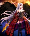  armor black_legwear black_wings breasts choker cleavage dual_wielding garter_straps gauntlets highres jewelry long_hair original polearm silver_hair skirt spear thigh-highs tiara very_long_hair weapon wings yu-yuuki zettai_ryouiki 