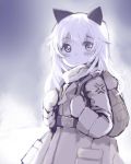  1girl :&lt; animal_ears backpack bag belt blush coat helma_lennartz highres izuoku long_hair looking_at_viewer mittens monochrome scarf simple_background solo strike_witches winter_clothes 