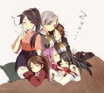  6+girls black_hair black_legwear blanket blush brown_eyes chitose_(kantai_collection) chiyoda_(kantai_collection) closed_eyes finger_to_mouth hair_ribbon haroko_(haloco) head_on_shoulder hiyou_(kantai_collection) houshou_(kantai_collection) japanese_clothes jun&#039;you_(kantai_collection) kantai_collection lap_pillow long_hair multiple_girls pink_hair ponytail ribbon ryuujou_(kantai_collection) shushing silver_hair sitting sleeping smile twitter_username wariza white_background white_legwear zzz 