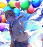  1girl balloon blue_eyes brown_hair highres holding letter long_hair looking_at_viewer love_letter low_twintails original parted_lips pleated_skirt school_uniform serafuku shade skirt sky solo twintails wind yuruno 