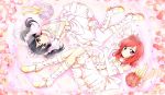  2girls bare_shoulders black_hair boots bouquet bridal_veil dress elbow_gloves flower gloves karamoneeze looking_at_viewer love_live!_school_idol_project lying multiple_girls nishikino_maki on_side red_eyes red_rose redhead rose smile tiara twintails veil violet_eyes wedding_dress white_dress white_gloves white_rose yazawa_nico 