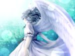  1girl ameya_nihachi angel_wings blue_eyes blue_hair bow dress hair_bow highres looking_at_viewer looking_back mai_(touhou) touhou touhou_(pc-98) wings 