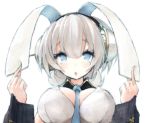  1girl animal_ears between_breasts blue_eyes buran_(kure) detached_collar necktie necktie_between_breasts oshiro_collection rabbit_ears shikano short_hair silver_hair solo 