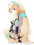  1girl angela_balzac aqua_eyes ass blonde_hair bodysuit breasts dated elbow_gloves expelled_from_paradise from_behind gloves headgear leotard long_hair looking_back low_twintails nagian signature simple_background sitting smile solo thigh_strap twintails very_long_hair white_background 