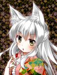  1girl animal_ears chestnut_mouth floral_print fox_ears frilled_kimono frills geso_(nekomachi) japanese_clothes kimono long_hair original white_hair yellow_eyes 