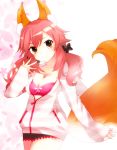  1girl animal_ears blush breasts caster_(fate/extra) casual cleavage fate/extra fate_(series) fox_ears fox_tail hair_ornament looking_at_viewer open_clothes open_shirt pink_hair smile solo tail twintails yellow_eyes 