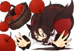  1girl animal_ears apple brooch brown_hair dress falling food fruit imaizumi_kagerou jewelry kaginoni long_hair looking_down open_mouth red_eyes simple_background solo tears touhou tripping very_long_hair white_background wolf_ears 