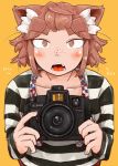  1girl animal_ears blush brown_eyes brown_hair camera cat_ears freckles highres open_mouth original san_mamiya short_hair solo strap striped yellow_background 