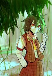  1girl armband ascot collared_shirt cowboy_shot flower green_hair holding holding_flower kazami_yuuka long_sleeves ne_kuro plaid plaid_skirt plaid_vest rain red_eyes short_hair skirt solo swamp touhou tree under_tree wet wet_clothes willow 