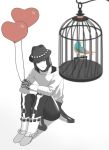  1boy androgynous balloon bird birdcage boots cage dramatical_murder expressionless gloves hat minato_(robin) sei_(dramatical_murder) sitting spot_color 