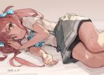  1girl asagumo_(kantai_collection) bike_shorts blue_eyes bow brown_hair dated hair_bow kantai_collection long_hair looking_at_viewer lying on_side school_uniform skirt solo toro_(konirio) twintails 