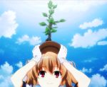  brown_hair clouds grisaia_no_kajitsu head irisu_makina plant red_eyes screencap short_hair sky twintails 