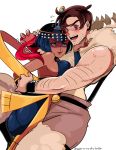  1boy 1girl ankh beowulf_(skullgirls) black_hair blue_eyes blush bob_cut breast_press breasts brown_eyes brown_hair chin_grab dark_skin dress eliza_(skullgirls) facial_hair hagoromo large_breasts lips shawl short_hair sideboob skullgirls stubble tiara xryuu 