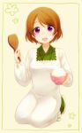  blush brown_hair food koizumi_hanayo love_live!_school_idol_project purple_eyes short_hair spatula yukata 