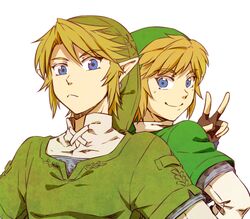  back-to-back blonde_hair blue_eyes dual_persona gloves hat link pointy_ears saiba_(henrietta) skyward_sword smile the_legend_of_zelda twilight_princess v 