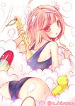  1girl ahoge bare_shoulders bath bathtub blush bubble_bath daikan&#039;yama_ebisu hair_ornament highres i-58_(kantai_collection) kantai_collection looking_at_viewer looking_back pink_eyes pink_hair rubber_duck school_swimsuit short_hair solo swimsuit twitter_username washing_back 