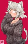  1girl animal_ears aran_sweater blush breasts cat_ears cat_tail eyebrows freckles grey_eyes grey_hair highres looking_at_viewer original red_background san_mamiya short_hair sleeves_past_wrists solo sweater tail thick_eyebrows 
