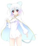  1girl adapted_costume alternate_color alternate_costume animal_ears asn_s blue_hair blush cape diamond dress eyes_visible_through_hair gradient_hair hips holding_cape jewelry long_sleeves mound_of_venus mouse_ears mouse_tail multicolored_hair nazrin open_mouth panties pantyshot pendant purple_hair red_eyes small_breasts solo striped striped_panties tail thighs touhou underwear white_dress white_hair 