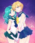  2girls aqua_eyes aqua_hair aqua_skirt bangs bishoujo_senshi_sailor_moon blonde_hair blue_bow blue_eyes blue_skirt choker circlet colored_eyelashes cowboy_shot elbow_gloves gloves gradient gradient_background holding_hands interlocked_fingers kaiou_michiru katou_sami long_hair multiple_girls parted_bangs sailor_neptune sailor_uranus short_hair short_sleeves skirt ten&#039;ou_haruka very_short_hair white_gloves yellow_bow 