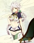  1girl banner braid breasts character_name cleavage_cutout clouds hand_on_own_chest haroko_(haloco) kantai_collection large_breasts long_hair messy_hair midriff miniskirt navel neck_ribbon ribbon side_cutout skirt thigh-highs unryuu_(kantai_collection) very_long_hair white_hair yellow_eyes 