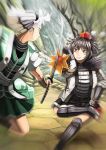  2girls action amibazh armor attack battle black_hair black_skirt blocking blurry brown_eyes clenched_hand fan geta green_eyes green_skirt hairband hand_on_own_thigh hat highres konpaku_youmu looking_at_another multiple_girls nose samurai_armor shameimaru_aya short_hair silver_hair skirt smile smug squatting standing_on_one_leg sword tagme tengu-geta tokin_hat touhou water waterfall weapon 