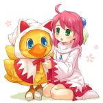  1girl ahoge blue_eyes chocobo final_fantasy final_fantasy_fables green_eyes hair_ornament mizuno_mumomo open_mouth pink_hair ribbon robe shirma sitting smile socks standing wariza white_background white_mage 