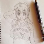 1girl angry_birds baseball_cap blush breasts graphite_(medium) hat headphones huge_breasts looking_at_viewer monochrome naruto nitroplus open_mouth plump short_hair sketchbook smile solo super_pochaco sweat traditional_media tsuji_santa twintails 