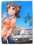  1girl animal_ears brown_hair car cat_ears cat_tail earphones earphones eyebrows fang freckles hand_in_pocket motor_vehicle original san_mamiya short_hair slit_pupils small_breasts solo t-shirt tail thick_eyebrows toyota toyota_cressida vehicle waving 