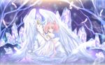  1girl absurdres bare_shoulders bishoujo_senshi_sailor_moon chibi_usa crescent crystal double_bun dress facial_mark feathers forehead_mark hair_ornament hairpin helios_(sailor_moon) highres horn kneeling mikan_(artist) pegasus pegasus_(sailor_moon) pink_eyes pink_hair short_hair small_lady_serenity smile strapless_dress twintails white_dress wings 