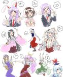  6+girls ^_^ belt black_hair blonde_hair blue_hair bow bracelet braid brown_hair closed_eyes ex-keine fujiwara_no_mokou green_hair hair_bow hat horn_ribbon horns houraisan_kaguya inaba_tewi jewelry kamishirasawa_keine long_hair multicolored_hair multiple_girls open_mouth pink_hair pocky ponytail purple_hair red_eyes reisen reisen_udongein_inaba ribbon short_hair silver_hair simple_background suspenders tail touhou two-tone_hair unya watatsuki_no_toyohime watatsuki_no_yorihime white_background yagokoro_eirin 