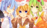  3girls :d ^_^ blonde_hair blue_eyes blue_hair closed_eyes detached_sleeves goggles goggles_on_head green_eyes green_hair gumi hair_ornament hairband hairclip hatsune_miku kagamine_rin long_hair looking_at_viewer multiple_girls necktie open_mouth short_hair smile twintails vocaloid yuruno 