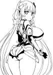  1girl angela_balzac asanagi ass bare_shoulders bodysuit breasts cowboy_shot elbow_gloves expelled_from_paradise from_behind gloves greyscale headgear large_breasts leotard long_hair looking_back low_twintails monochrome simple_background sketch solo twintails very_long_hair white_background 