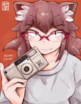  1girl animal_ears bespectacled brown_hair camera cat_ears dated eyebrows fang freckles glasses highres original over-rim_glasses red-framed_glasses san_mamiya semi-rimless_glasses short_hair slit_pupils solo thick_eyebrows 