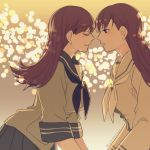  2girls brown_eyes brown_hair closed_eyes deco_(geigeki_honey) dual_persona kantai_collection long_hair looking_at_another multiple_girls ooi_(kantai_collection) open_mouth pleated_skirt school_uniform serafuku skirt smile 