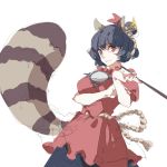  1girl animal_ears blue_hair disguise dryades futatsuiwa_mamizou kiseru mirror no_glasses pipe raccoon_ears raccoon_tail red_eyes rope sketch smile tail touhou yasaka_kanako yasaka_kanako_(cosplay) 