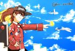  1girl artist_request brown_eyes brown_hair hand_on_hip japanese_clothes kantai_collection kariginu long_sleeves magatama onmyouji ryuujou_(kantai_collection) scroll shikigami sky twintails twitter_username visor_cap 