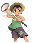  1boy brown_eyes brown_hair bug_catcher_(pokemon) butterfly_net cowboy_shot hand_net hat looking_at_viewer male noeyebrow_(mauve) pokemon pokemon_(game) pokemon_oras short_hair shorts simple_background solo tank_top tongue tongue_out white_background 
