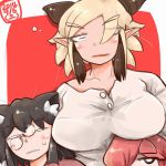  black_hair blonde_hair breast_rest breasts breasts_on_head demon_girl glasses hair_over_one_eye height_difference horns large_breasts multicolored_hair multiple_girls original payot pince-nez redhead round_glasses san_mamiya short_hair two-tone_hair 