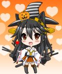  1girl :d animal_ears black_hair black_legwear brown_eyes cat_ears cat_tail detached_sleeves hair_ornament hairband hairclip halloween haruna_(kantai_collection) hat kantai_collection kemonomimi_mode long_hair looking_at_viewer machinery neko_danshaku nontraditional_miko open_mouth pleated_skirt skirt smile solo tail thigh-highs turret witch_hat zettai_ryouiki 