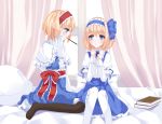  2girls alice_margatroid alice_margatroid_(pc-98) bed bed_sheet black_legwear blonde_hair blouse blue_eyes book bow capelet curtains dress dual_persona hair_bow hair_ribbon hairband long_sleeves multiple_girls nanatuki13 pantyhose pillow pocky pocky_kiss ribbon shared_food short_hair short_sleeves skirt smile suspenders touhou touhou_(pc-98) white_legwear window 