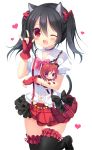  2girls ;d \m/ animal_ears aono_ribbon black_hair bokura_wa_ima_no_naka_de carrying cat_ears cat_tail chibi choker fingerless_gloves gloves idol kemonomimi_mode looking_at_viewer love_live!_school_idol_project minigirl multiple_girls nishikino_maki one_eye_closed open_mouth red_eyes red_gloves redhead size_difference smile tail twintails violet_eyes yazawa_nico 